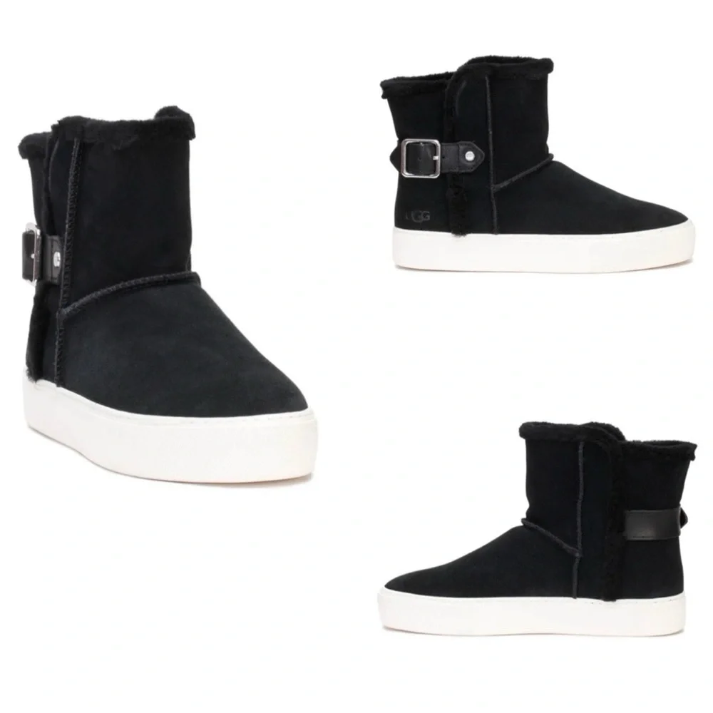 UGG Aika Mid-Height Flat Boots Black Genuine Suede Booties Fur Lining Size 6.5
